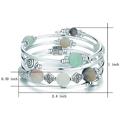 Beaded Pearl Bangle Wrap Bracelet - Fashion Bohemian Jewelry Multilayer Charm Bracelet with Thick Silver Metal Beads, Gift For Women - color: Green