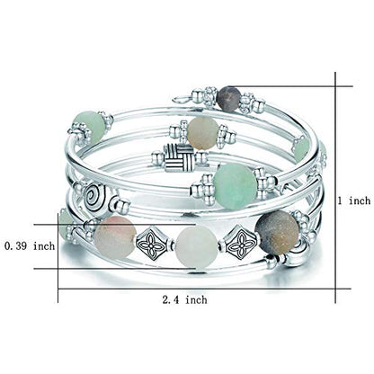 Beaded Pearl Bangle Wrap Bracelet - Fashion Bohemian Jewelry Multilayer Charm Bracelet with Thick Silver Metal Beads, Gift For Women - color: Green