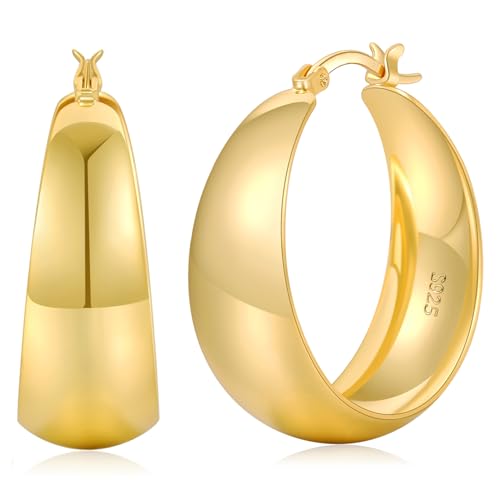 Senteria 12mm Wide Thick Sterling Silver Hoop Earrings Hypoallergenic | 14K Real Gold Plated Hoops Large Earring Lightweight Chunky Hoops Earring for Women Gift for Birthday Christmas 25/30/40/50MM - color: Gold-30mm