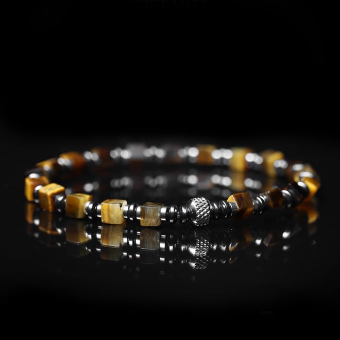 Tigranes Premium Natural Stone Bracelet Collection – Handmade Gemstone Jewelry in Luxury Branded Gift Box - style: Tiger Eye and Hematite