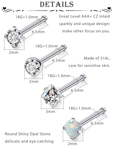 15 Pcs 18G 20G Surgical Steel Nose Rings Studs for Women Opal Nose Rings Diamond CZ Nose Studs L Shaped Nose Nostril Piercing Jewelry Hypoallergenic - style: 18G,Straight