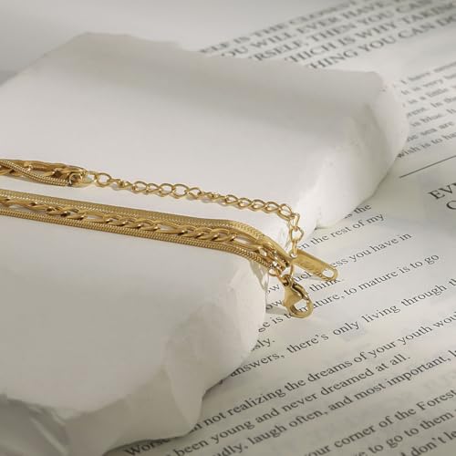 Gold Plated Triple Strand Multi-Layer Snake Figaro Chain Necklace | Non Tarnish Stainless Steel Necklace for Women, Three Layer Chain Necklaces,Versatile Minimalist Style