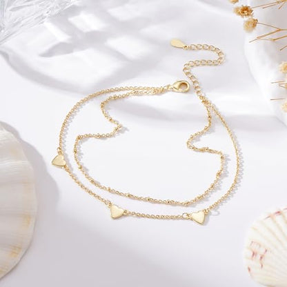 Anklets for Women Waterproof 14K Gold Plated Beach Ankle Bracelets Dainty Summer Bow Clover Heart Evil Eye Anklet Non Tarnish Layered Beach Cz Jewelry Accessories for Women Trendy - color: Gold-Heart