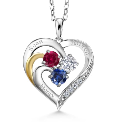 Gem Stone King Customized Engraved 3-Stone Pendant Necklace For Women | 925 Sterling Silver & 10K Yellow Gold | Personalized Gemstone Birthstone and Lab Grown Diamond Necklace | 18 Inch Chain