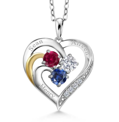 Gem Stone King Customized Engraved 3-Stone Pendant Necklace For Women | 925 Sterling Silver & 10K Yellow Gold | Personalized Gemstone Birthstone and Lab Grown Diamond Necklace | 18 Inch Chain