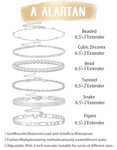 Gold Bracelets for Women 14K Gold Plated Stack Trend Bracelets Charm Paperclip Chain Cuban Link Layered Waterproof Bracelet Dainty Bracelet for Women Jewelry Gifts - color: 6Pcs Beaded Silver