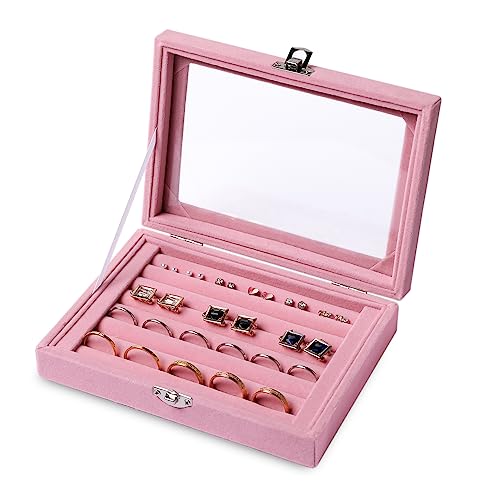 Tiny Velvet Ring Organizer Tray, 7 Slots Ring Jewelry Storage | Ring Storage,Ring Holder For Women,Ring Display,Ring Storage With Velvet Lining,With Clear Lid,Drawer Insert Jewelry Storage - color: Pink, size: 7 Slots