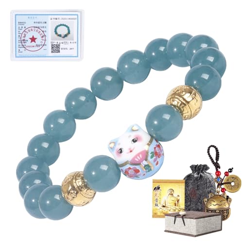 Real Gemstone Lucky Cat Bracelet Feng Shui Good Luck Wealth Charm | Blessed Genuine Gemstone with Brass Cat Pendant, 10mm Prayer Beads, Energy Protection for Wealth & Health, Spiritual Gifting - color: Blue