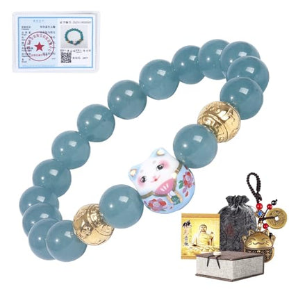 Real Gemstone Lucky Cat Bracelet Feng Shui Good Luck Wealth Charm | Blessed Genuine Gemstone with Brass Cat Pendant, 10mm Prayer Beads, Energy Protection for Wealth & Health, Spiritual Gifting - color: Blue