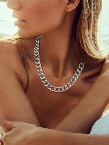 ChainsPro Cuban Link Chain for Women,Stainless Steel Chunky Necklace Silver/Gold Plated Thick Chain Choker, 12/16/20 mm Width,18" and 20" Punk Hip Hop Trendy Non Tarnish Jewelry Gifts - color: Silver, style: 12mm-18"