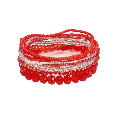 Boho Colorful Stackable Crystal Glass Beads Stretch Bracelets Multilayered Bracelets for Women Bohemian Jewelry - color: Red 9pcs