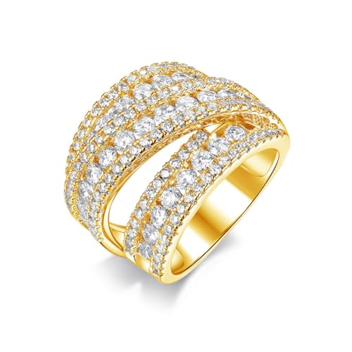 MDFUN Halo Eternity Rings Wedding Bands, 3 Rows Round Cut Cubic Zirconia Statement Rings, 18K White Gold/Yellow Gold Plated Wedding Band for Women Size 5-10 - color: Yellow Gold