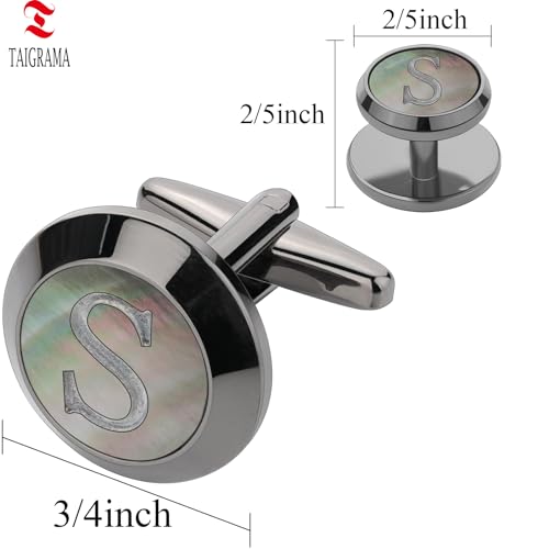 Cuff Links Mens and Tuxedo Studs Set, TAIGRAMA Gun Black Cufflinks for Men and Tuxedo Buttons Initial Tux Shirt Studs Personality Black Mother of Pearl for Formal Shirt Kit Business or Wedding - style: Letter T
