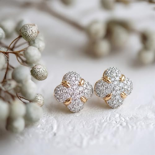 MEVECCO Pave Cubic Zirconia Stud Earrings for Women, 18K Gold Plated Brass | Pave CZ Fronts, Curved Gold Plated Edge Accents, Soft Motifs and Clean Geometric Styles - style: flower