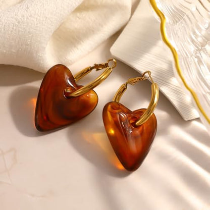 Amber Heart Dangle Drop Hoop Earrings Stainless Steel Huggie Hoops Retro Puffy Tortoiseshell Resin Love Hearted Dangling Statement Earring Vintage Birthday Jewelry for Women Lover