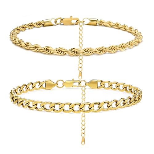 2PCS Ankle Bracelets for Women - Gold/Silver Plated Stainless Steel Anklets Set - Waterproof Layered Cuban Link Chain Anklet Bracelet Summer Beach Foot Jewelry Gifts for Women - color: Style 3-Gold