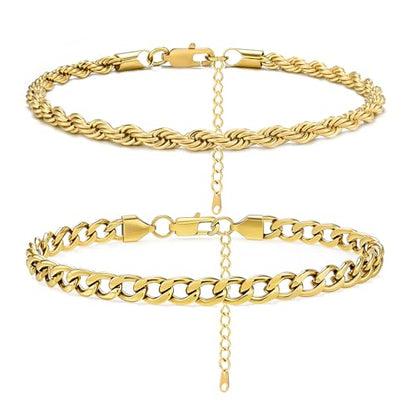 2PCS Ankle Bracelets for Women - Gold/Silver Plated Stainless Steel Anklets Set - Waterproof Layered Cuban Link Chain Anklet Bracelet Summer Beach Foot Jewelry Gifts for Women - color: Style 3-Gold