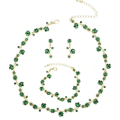 Elegant Brides Austrian Crystal Flower Choker Necklace Drop Dangle Earring Bracelet Wedding Jewelry Set for Bridesmaid Prom Costume Jewelry Set for Women - color: Emerald-Gold Plated