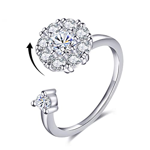 Fidget Rings for Anxiety, Womens Focus Spinner Ring, Discreet Boredom Relieving Ring Stacking Finger Promise Engagement Gift - color: A Silver Band
