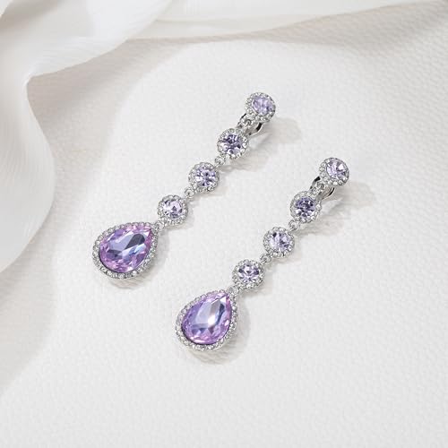 EleQueen Women's Wedding Crystal Teardrop Pear Shape 3 Inch Clip on Long Dangle Earrings for Bride Bridesmaid, Jewelry for Party Prom/Anniversary - color: Light Purple Silver-Tone