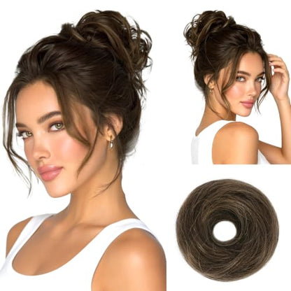 RUWISS 100% Human Hair Bun Small Messy Bun Hair Piece, One Hairpiece Two Styles Mini Natural Looking Scrunchies Updo for Daily, Hair Buns for Thin & Fine Hair Women Ponytail Extension (Brown Mixed) - color: 2/6# Brown Mixed