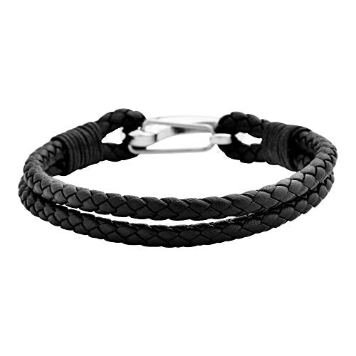 Edforce Braided Genuine Leather 2-Strand Cuff Bracelet with Stainless Steel Clasp - color: Black