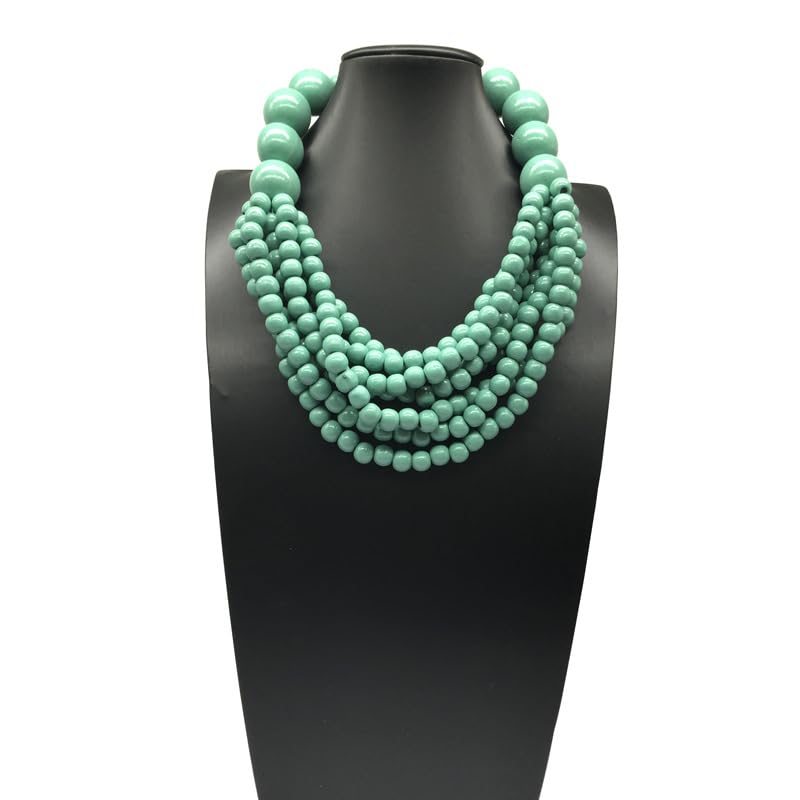 COLORFUL BLING Boho African Wooden Beaded Strands Necklace Ethnic Layered Chunky Collar Choker Wood Necklace for Women Hip Hop Statement Jewelry - color: green