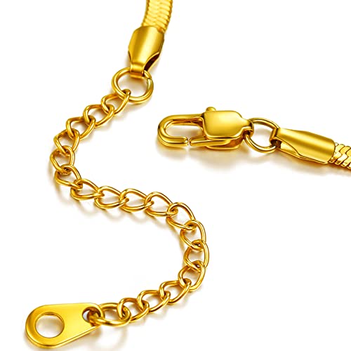 ChainsHouse Stainless Steel Herringbone Flat Chain Bracelets for Women,18K Gold/Rose Gold/Black Metal Paperclip/Snake/Cuban/Figaro Sterling Silver Link Charm Bracelet, 16+5cm Adjustable, With Gift Box - color: f. herringbone-gold-3mm