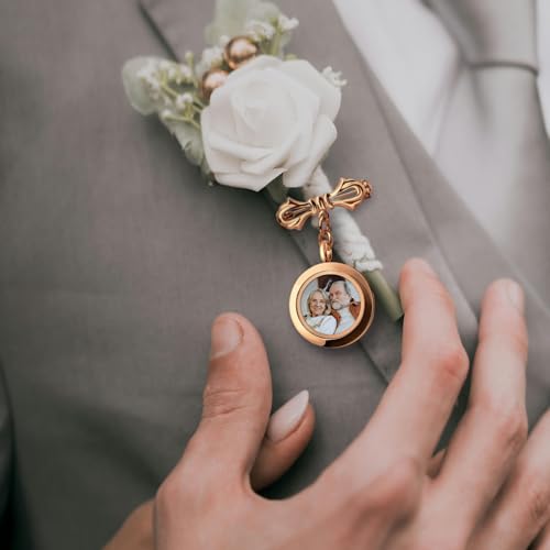 Personalized Photo Wedding Bouquet Charm, Double Sided Round Glass Photo Locket Pendant Pin Brooch, Handmade Memorial Picture Frame Bridal Shower Gift For Bride & Groom - color: Round Small - Rose Gold