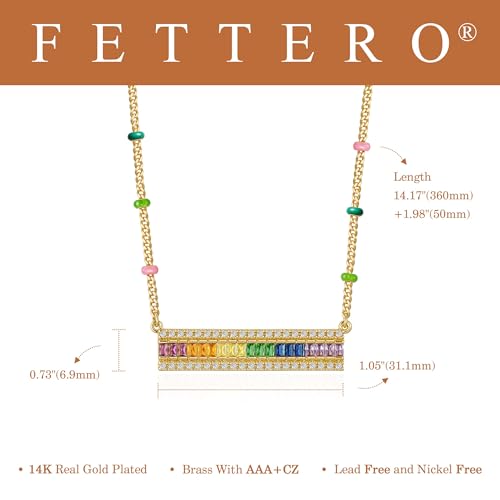 Fettero Dainty 14K Gold Plated Cubic Zirconia Necklaces for Women, Simple Bar Pendant Necklace, Mix-color Rainbow Jewelry Gold Necklace for Women Trendy Gifts - style: Multicolor Bar