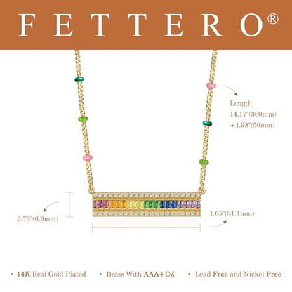 Fettero Dainty 14K Gold Plated Cubic Zirconia Necklaces for Women, Simple Bar Pendant Necklace, Mix-color Rainbow Jewelry Gold Necklace for Women Trendy Gifts - style: Multicolor Bar