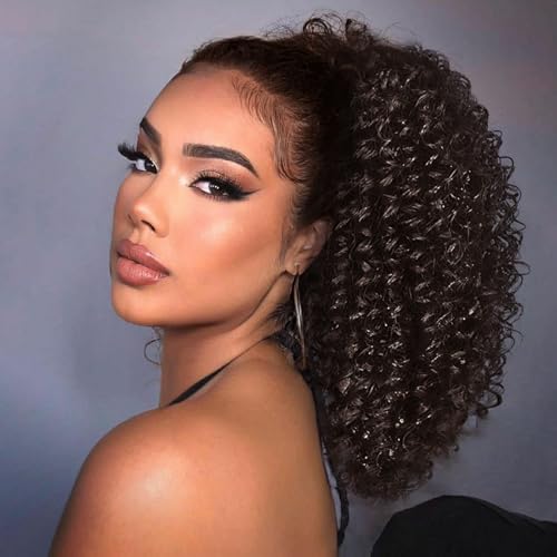 Vigorous Drawstring Ponytail Extension Short Afro Kinky Curly Brown Ponytail for African Women Fluffy Pony Tails Hair Extensions Synthetic Hairpiece for Daily Use - color: Light Brown