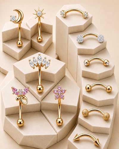 YACHY 11PCS/9PCS 16G Eyebrow Piercing Jewelry for Women Men, Eyebrow Rings Rook Earrings Rook Piercing Jewelry Belly Lip Ring Curved Barbells Eyebrow Piercing Cartilage Daith Helix Tragus Body Piercings - color: 11PCS-8mm-Gold