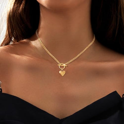 Zeffy Dainty Gold Heart Necklace for Women Trendy 14K Gold/Silver Plate Cute Heart Pendant Choker Necklaces Gold Love Heart Chain Necklace for Women Dainty Gold Jewelry Gifts for Women - style: Chunky Puffy Heart Necklace-Gold