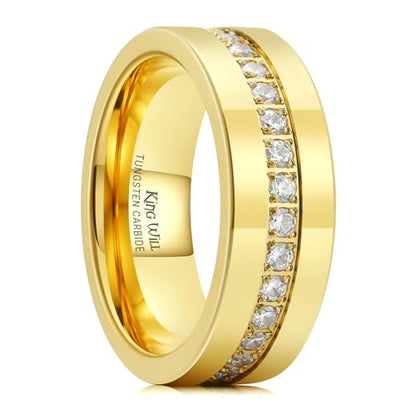 King Will Mens Tungsten Wedding Band with Cubic Zircon Inlay 7mm/8mm Flat Cut Comfort Fit Engagement Rings - color: Gold&White