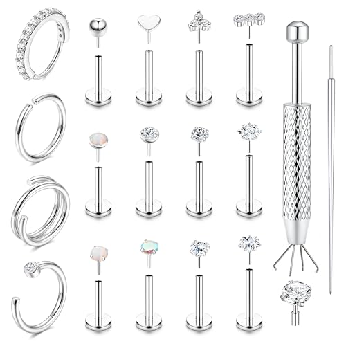 ORAZIO 14K Gold Filled Nose Rings Studs Hoops for Women Men 20G 18G Hypoallergenic Surgical Steel Push in Threadless Flat Back Earrings CZ Helix Tragus Lip Cartilage Medusa Nostril Piercing Jewelry - color: Steel Tone, size: 16g=1.2mm