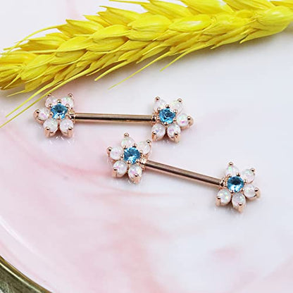14G Opal Flower CZ Nipple Barbell Nipple Ring Piercing Jewelry for Women - color: rose gold blue