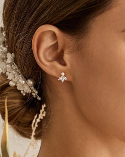Pearl Earrings - 14k Gold or White Gold Plated Sparkle Cubic Zirconia Dainty Pearl Stud Earrings for Women Wedding Party Bridal - color: gold leaf