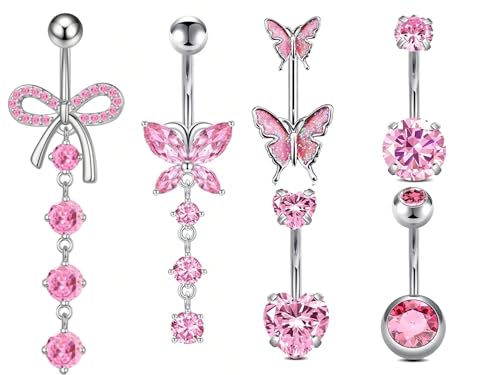 Belly Button Ring Surgical Stainless Steel Belly Button Rings for Women Pink Piercing Jewelry Dangling Belly Ring Pack - color: Silver