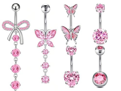 Belly Button Ring Surgical Stainless Steel Belly Button Rings for Women Pink Piercing Jewelry Dangling Belly Ring Pack - color: Silver