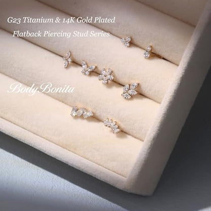 G23 Titanium 16G Tragus Conch Piercing Jewelry Flat Back Stud Earrings | Hypoallergenic CZ Nose Dangle Helix Medusa Lip Labret Body Piercing Jewelry, 14K Gold Plated, Silver, 6 and 8 mm Post Length - color: Deux-14K Gold