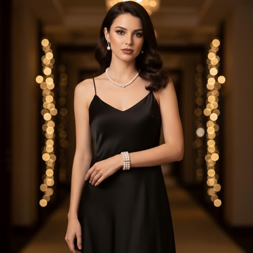 5PCS Faux Pearl Jewelry Set for Women Pearl Rhinestone Jewelry Set for Women Simulated Pearls Rhinestone Necklace Earrings Bracelet for Wedding Mother's Day Gifts Bridal Shower Tea Party Accessories
