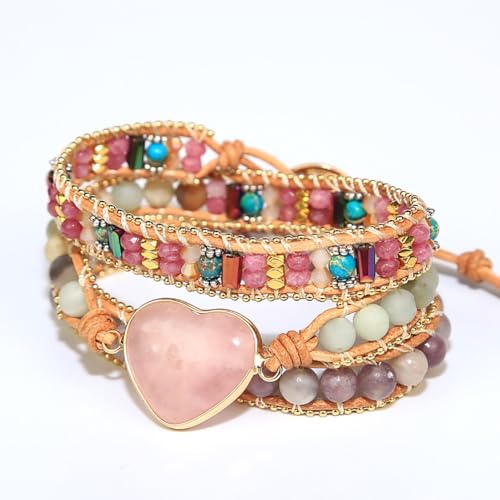 Women Wrap Bracelets Boho Natural Stone Jasper Turquoises Strand Bracelet Jewelry Collection - color: Pink