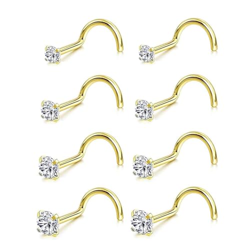 Incaton 20G Stainless Steel Nose Rings for Women Nose Rings Hoops L Shaped Nose Studs Screw Nose Piercing Jewelry for Women Men Silver Rose Gold Black Rainbow - color: 8P SCREWS GOLD