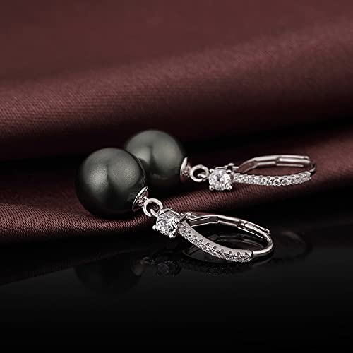 Pearl Dangle Drop Earrings for Women 925 Sterling Silver Pearl Leverback Earrings Cubic Zirconia Pearl Dangling Earrings 10MM - color: 4. Black-10mm