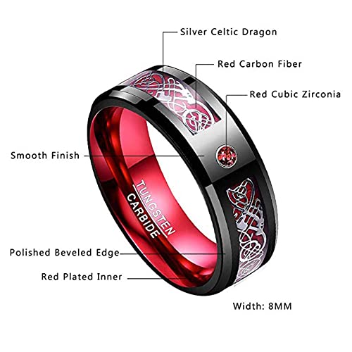 NUNCAD Men's Wedding Band 8mm Black Tungsten Carbide Ring Celtic Dragon Inlay Polished Finish Size 5-15 - color: A-Black & Red