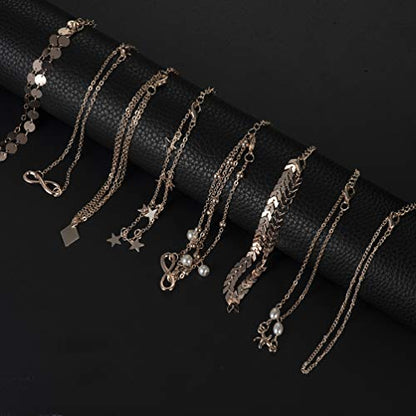 Softones 16Pcs Ankle Bracelets for Women Gold Silver Two Style Chain Beach Anklet Bracelet Jewelry Anklet Set,Adjustable Size - color: D:Rose Gold