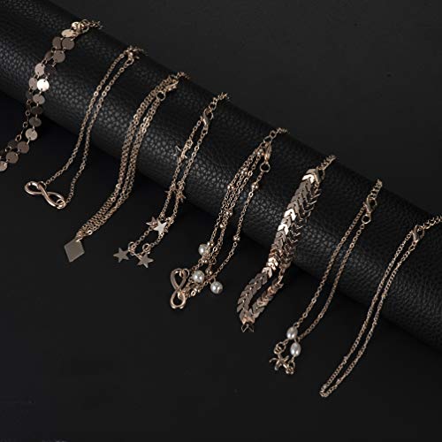 Softones 16Pcs Ankle Bracelets for Women Gold Silver Two Style Chain Beach Anklet Bracelet Jewelry Anklet Set,Adjustable Size - color: D:Rose Gold