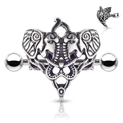 Two Elephants 316L Surgical Steel Nipple Shield Ring - style: 14 GA, Length: 14mm, Ball: 5mm, Antique Silver