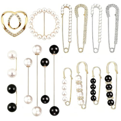 16 PCS Sweater Shawl Clips, Retro Pearl Crystal Brooch Safety Pins, Faux Safety Pins for Clothes for Women Girls Costume Accessory